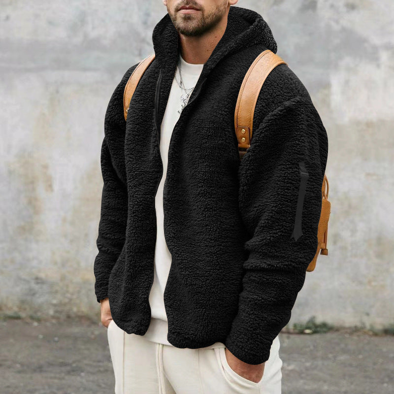 Galuxia Plush Hooded Jacket Men's Autumn And Winter Fleece Double-sided Wear Warm Coat With Zipper Loose Casual Jacket Outdoor Clothing