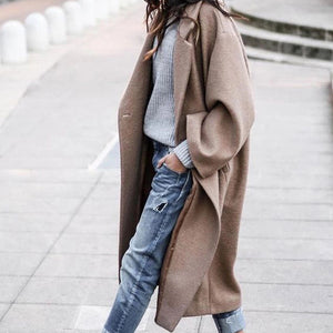 Galuxia Casual Long Jacket with Pockets – Single-Breasted Lapel Woolen Coat for Women
