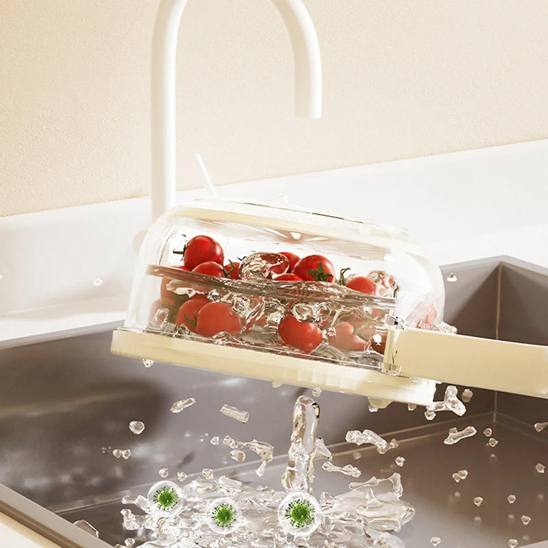 Galuxia Fruit Drain Basket With Lid Vegetable Washing Bowl Foldable Handle Cleaning Colander Plastic Refrigerator Crisper Kitchen Box Kitchen Gadgets