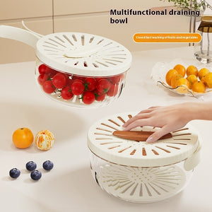 Galuxia Fruit Drain Basket With Lid Vegetable Washing Bowl Foldable Handle Cleaning Colander Plastic Refrigerator Crisper Kitchen Box Kitchen Gadgets