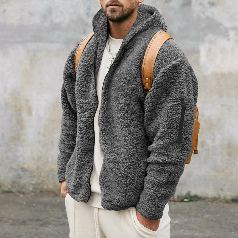 Galuxia Plush Hooded Jacket Men's Autumn And Winter Fleece Double-sided Wear Warm Coat With Zipper Loose Casual Jacket Outdoor Clothing