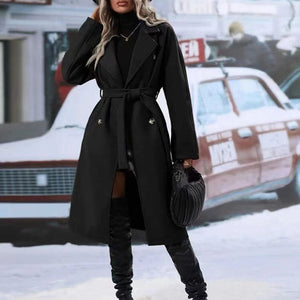 Galuxia Lapel Double-Breasted Trench Coat with Belt – Women’s Winter Long Jacket