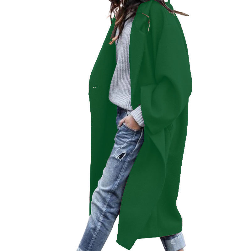 Galuxia Casual Long Jacket with Pockets – Single-Breasted Lapel Woolen Coat for Women