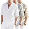 Galuxia Men's Casual Cotton Linen Solid Color Long Sleeve Shirt Loose Stand Collar