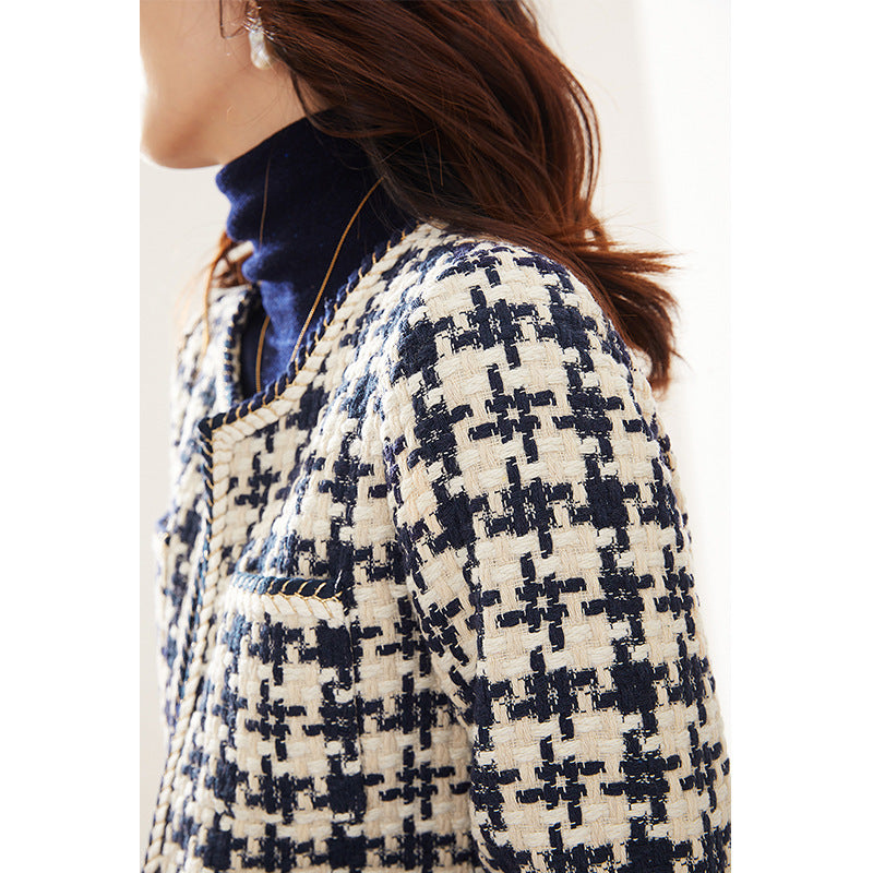 Galuxia Houndstooth Small Fragrance Jacket – Casual Women’s Round Neck Straight Jacket