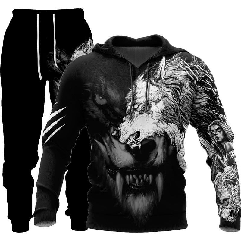 Galuxia 3D Wolf Print Tracksuit Men Sportswear Hooded Sweatsuit Two Piece Outdoors Running Fitness Mens Clothing Jogging Set
