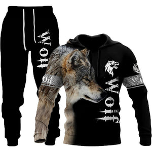Galuxia 3D Wolf Print Tracksuit Men Sportswear Hooded Sweatsuit Two Piece Outdoors Running Fitness Mens Clothing Jogging Set