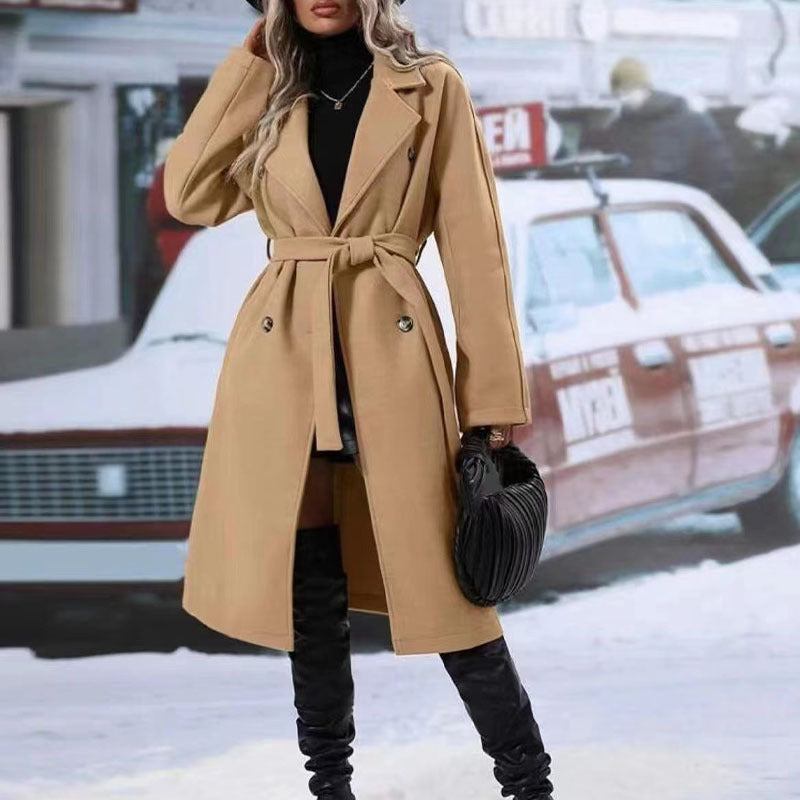 Galuxia Lapel Double-Breasted Trench Coat with Belt – Women’s Winter Long Jacket
