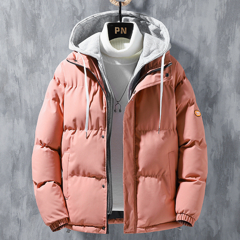 Galuxia Fashion Hooded Jacket Men Winter Windproof Thickened Fake Two-piece Coat Solid Leisure Sports Cotton Jacket