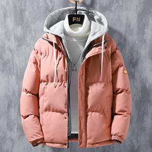Galuxia Fashion Hooded Jacket Men Winter Windproof Thickened Fake Two-piece Coat Solid Leisure Sports Cotton Jacket
