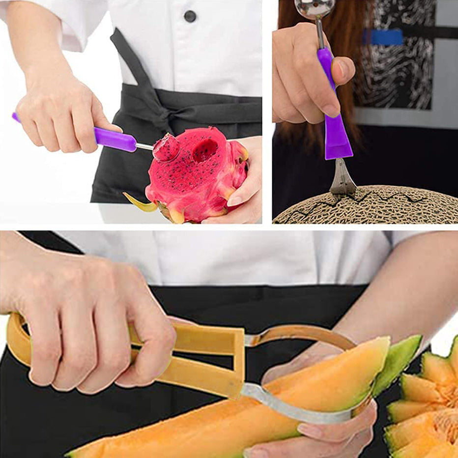 Galuxia 3-in-1 Fruit Digger Fruit Carving Knife Set Cutter Fruit Platter Separator Kitchen Gadgets Watermelon Ice Cream Baller Scoop