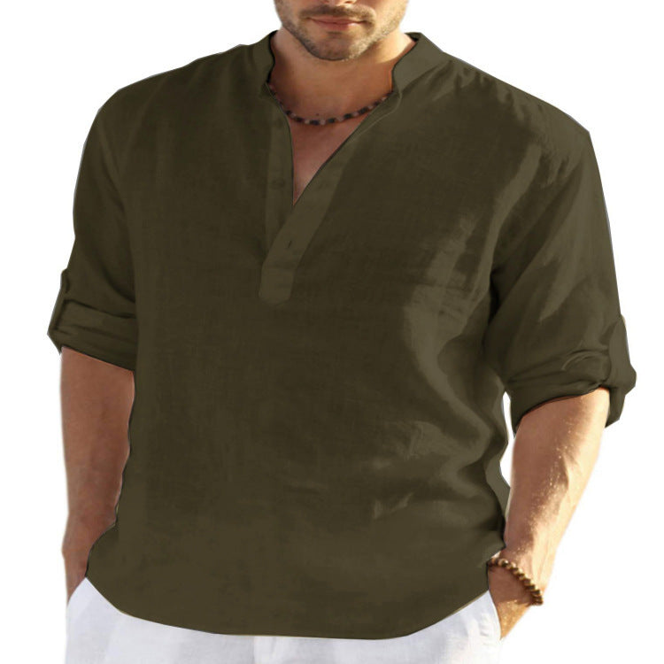 Galuxia Men's Casual Cotton Linen Solid Color Long Sleeve Shirt Loose Stand Collar