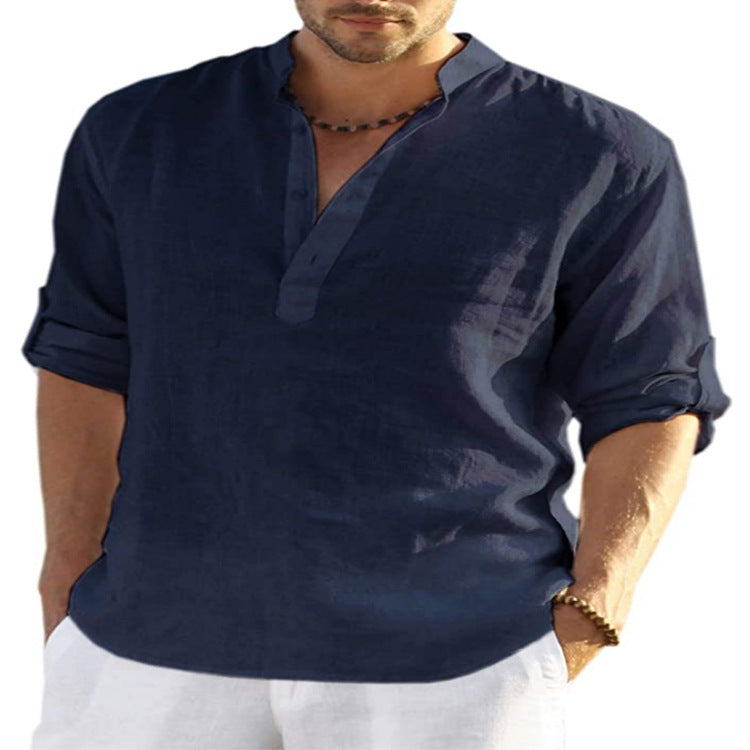 Galuxia Men's Casual Cotton Linen Solid Color Long Sleeve Shirt Loose Stand Collar