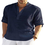 Galuxia Men's Casual Cotton Linen Solid Color Long Sleeve Shirt Loose Stand Collar