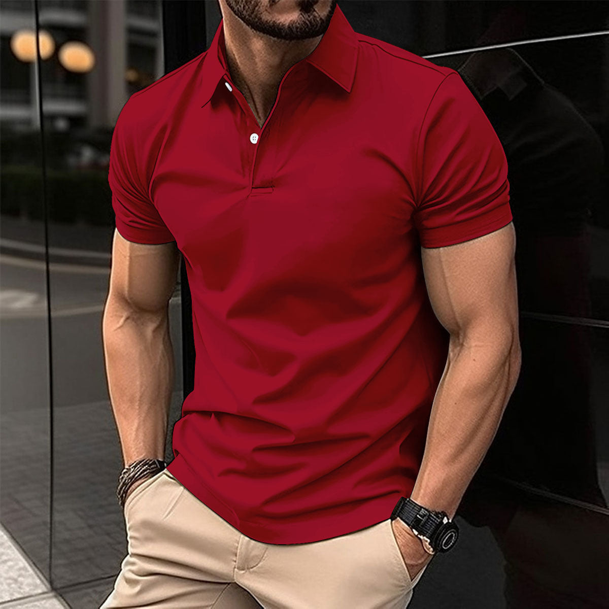Galuxia Summer Short Sleeve Polo Shirt Men Solid Color Button Lapel Button Top