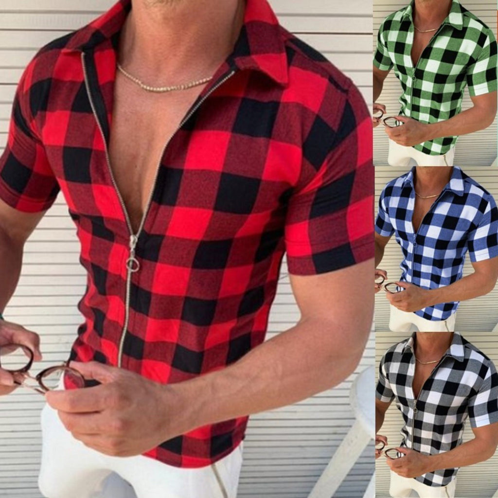 Galuxia Plaid T Shirt Mens Zipper Short Sleeve Shirts Summer Men Clothing