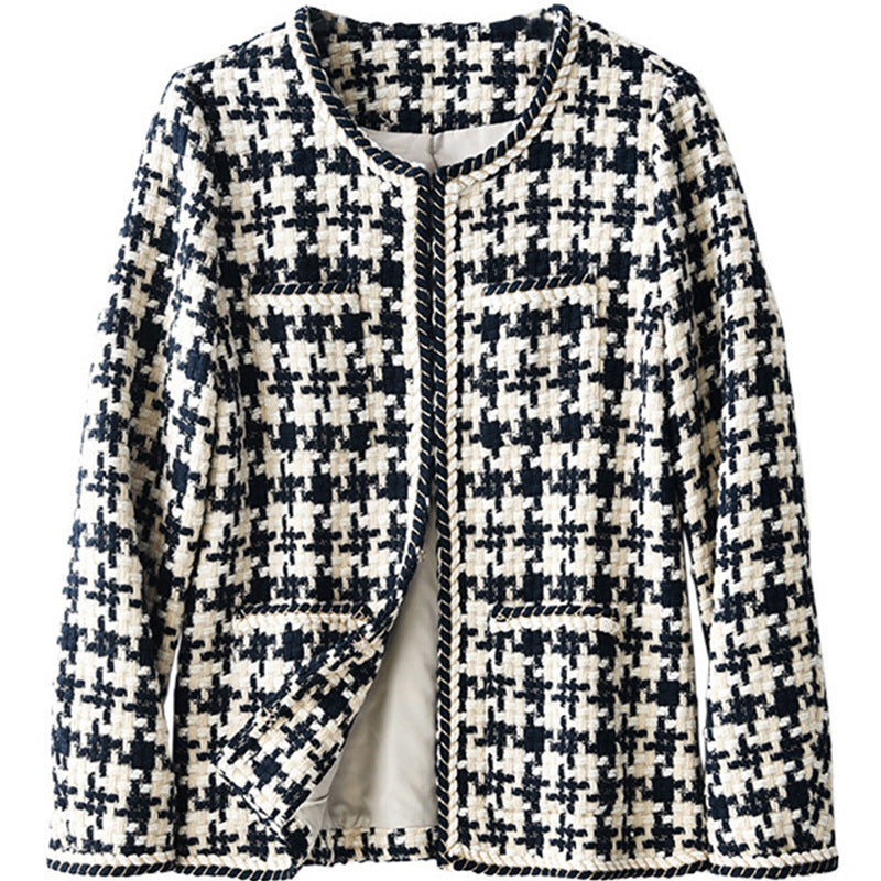 Galuxia Houndstooth Small Fragrance Jacket – Casual Women’s Round Neck Straight Jacket