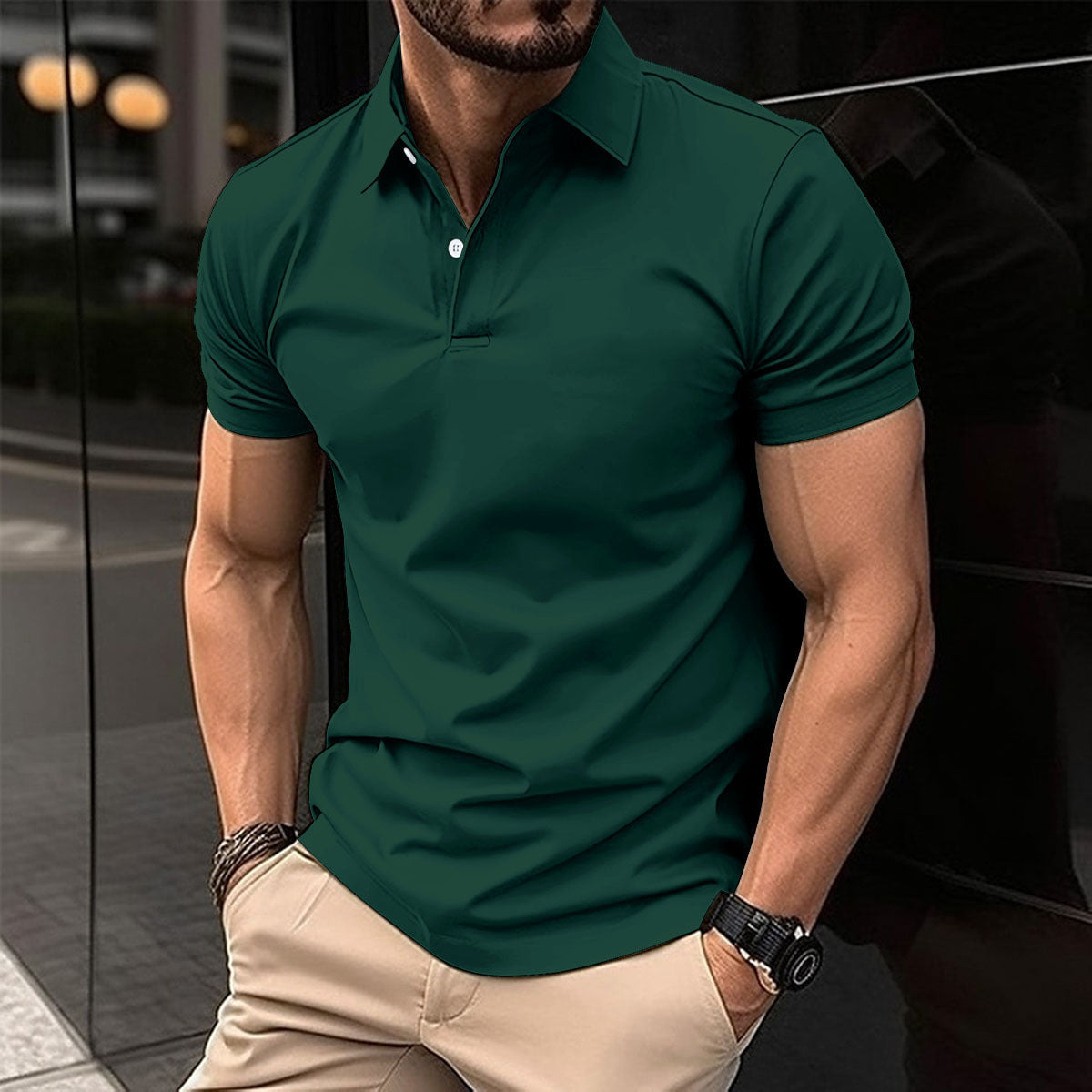Galuxia Summer Short Sleeve Polo Shirt Men Solid Color Button Lapel Button Top