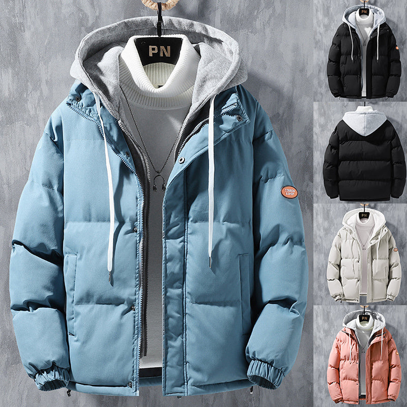 Galuxia Fashion Hooded Jacket Men Winter Windproof Thickened Fake Two-piece Coat Solid Leisure Sports Cotton Jacket