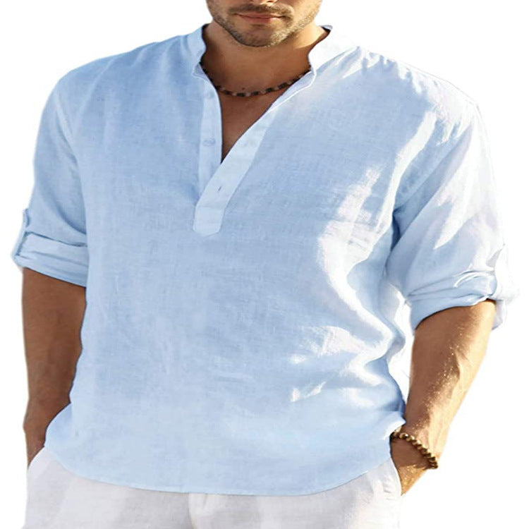 Galuxia Men's Casual Cotton Linen Solid Color Long Sleeve Shirt Loose Stand Collar