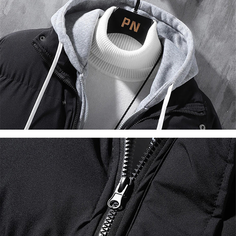 Galuxia Fashion Hooded Jacket Men Winter Windproof Thickened Fake Two-piece Coat Solid Leisure Sports Cotton Jacket
