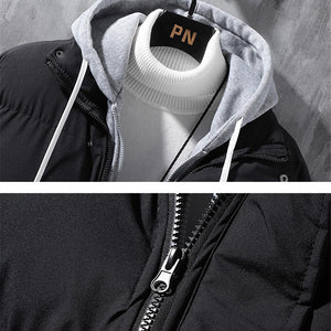 Galuxia Fashion Hooded Jacket Men Winter Windproof Thickened Fake Two-piece Coat Solid Leisure Sports Cotton Jacket