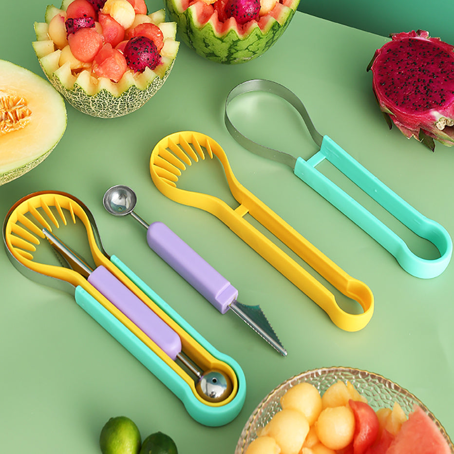 Galuxia 3-in-1 Fruit Digger Fruit Carving Knife Set Cutter Fruit Platter Separator Kitchen Gadgets Watermelon Ice Cream Baller Scoop