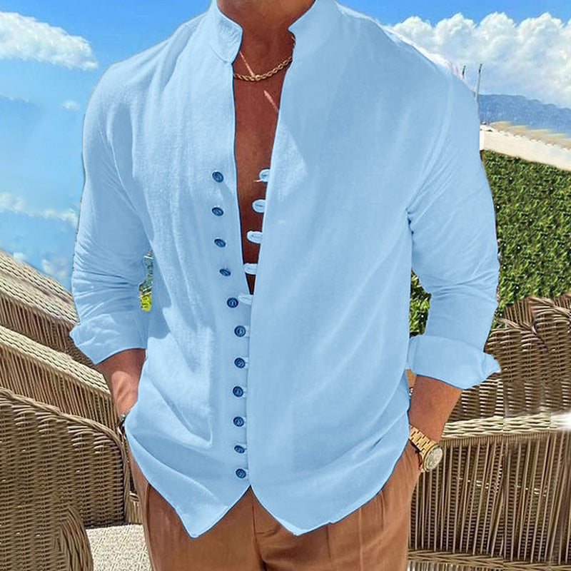 Galuxia Retro Button Design Long-sleeved Shirt Men's Casual Loose Top Mens Clothing