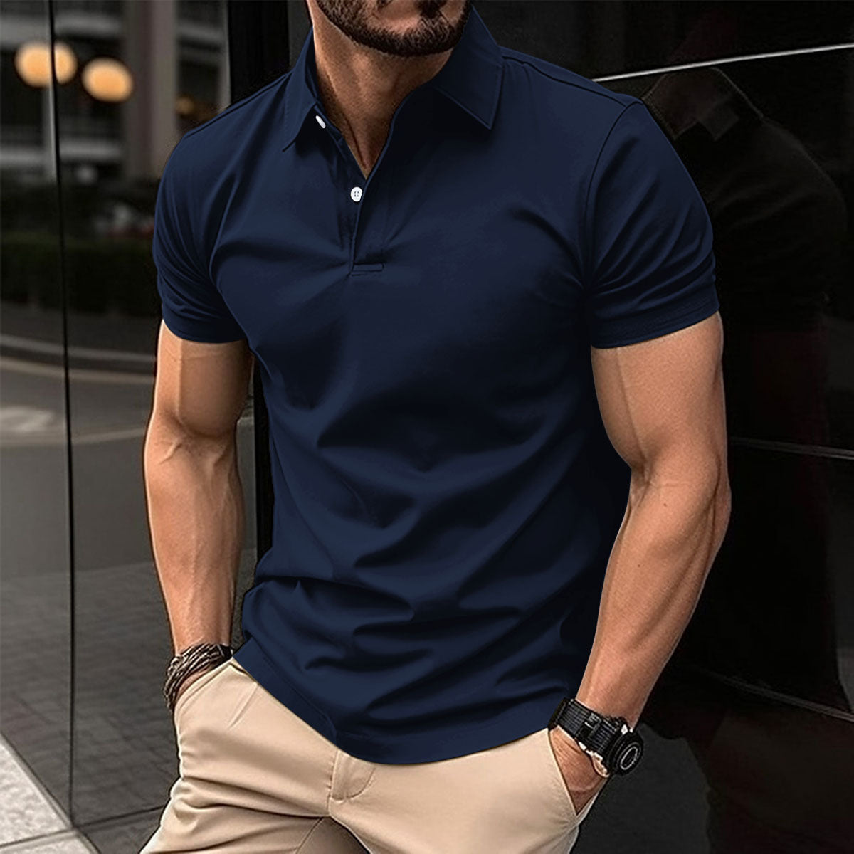 Galuxia Summer Short Sleeve Polo Shirt Men Solid Color Button Lapel Button Top