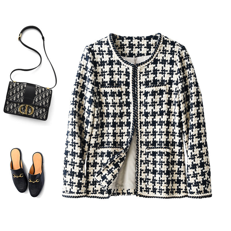 Galuxia Houndstooth Small Fragrance Jacket – Casual Women’s Round Neck Straight Jacket