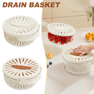 Galuxia Fruit Drain Basket With Lid Vegetable Washing Bowl Foldable Handle Cleaning Colander Plastic Refrigerator Crisper Kitchen Box Kitchen Gadgets
