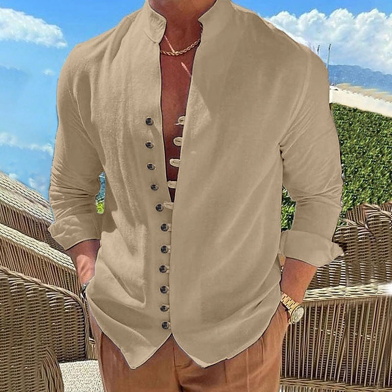 Galuxia Retro Button Design Long-sleeved Shirt Men's Casual Loose Top Mens Clothing