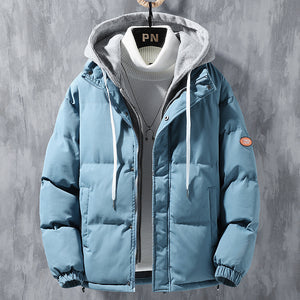 Galuxia Fashion Hooded Jacket Men Winter Windproof Thickened Fake Two-piece Coat Solid Leisure Sports Cotton Jacket
