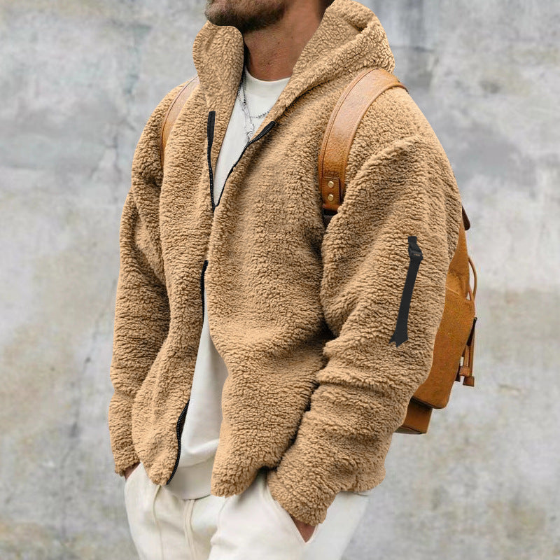 Galuxia Plush Hooded Jacket Men's Autumn And Winter Fleece Double-sided Wear Warm Coat With Zipper Loose Casual Jacket Outdoor Clothing