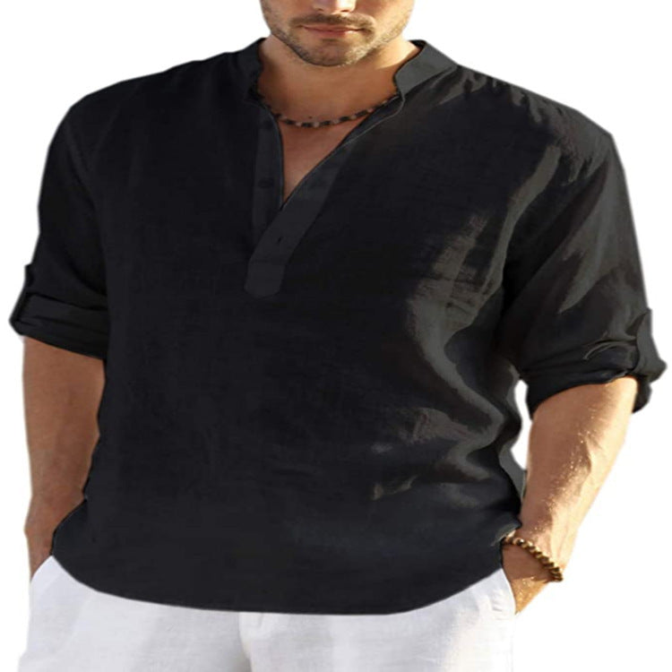 Galuxia Men's Casual Cotton Linen Solid Color Long Sleeve Shirt Loose Stand Collar
