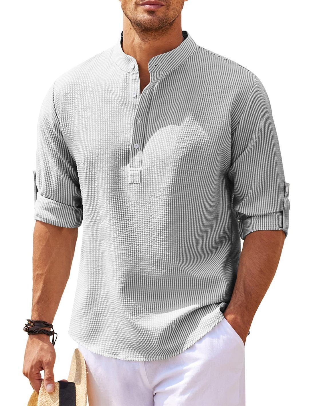 Galuxia Men's Casual Shirt  Long Sleeve Stand Collar Solid Color Shirt Mens Clothing