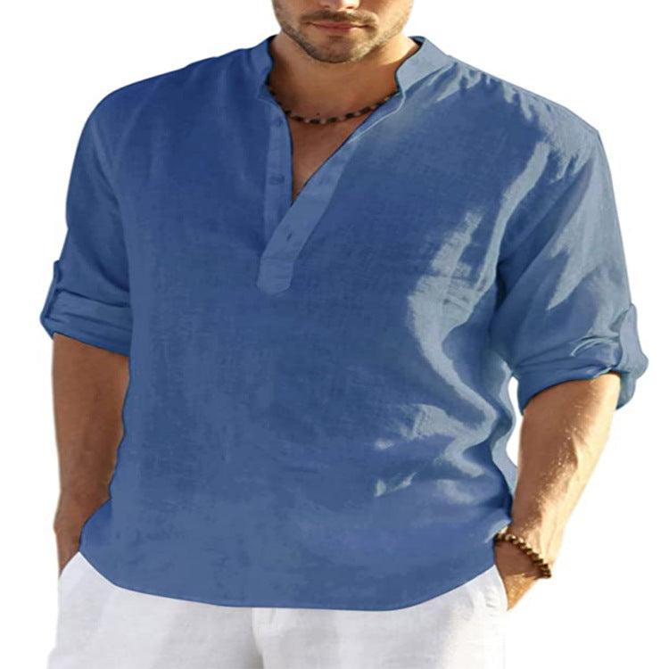 Galuxia Men's Casual Cotton Linen Solid Color Long Sleeve Shirt Loose Stand Collar