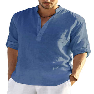 Galuxia Men's Casual Cotton Linen Solid Color Long Sleeve Shirt Loose Stand Collar