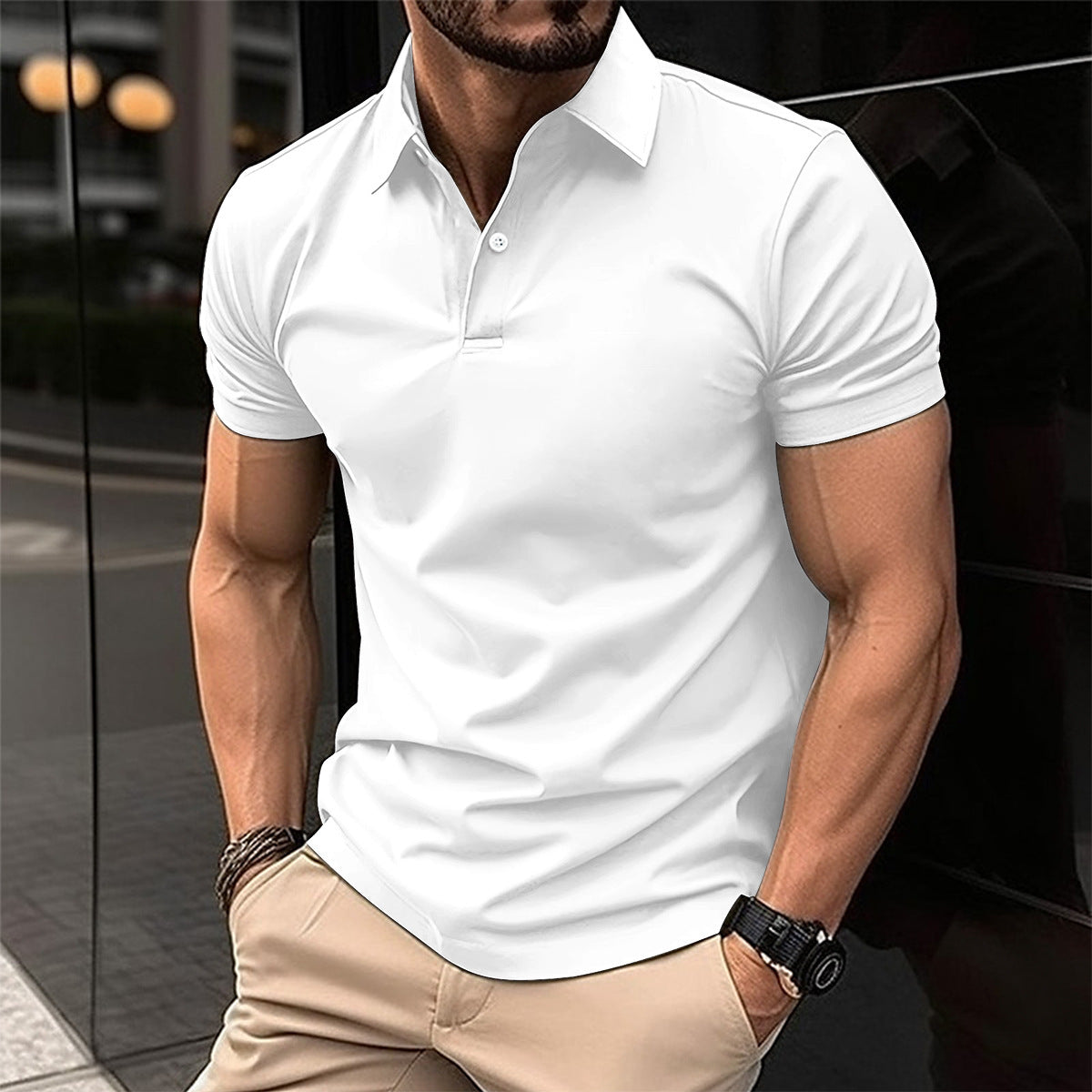 Galuxia Summer Short Sleeve Polo Shirt Men Solid Color Button Lapel Button Top