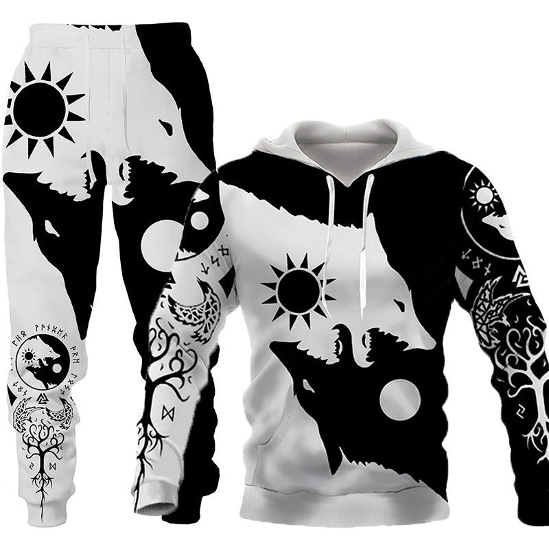 Galuxia 3D Wolf Print Tracksuit Men Sportswear Hooded Sweatsuit Two Piece Outdoors Running Fitness Mens Clothing Jogging Set