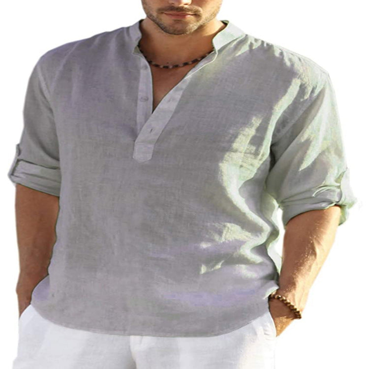 Galuxia Men's Casual Cotton Linen Solid Color Long Sleeve Shirt Loose Stand Collar