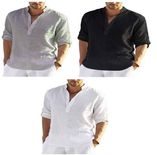 Galuxia Men's Casual Cotton Linen Solid Color Long Sleeve Shirt Loose Stand Collar