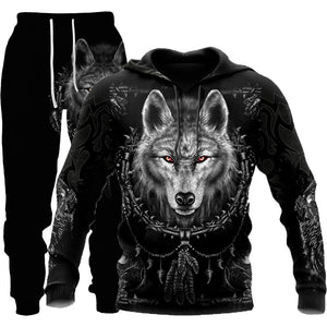 Galuxia 3D Wolf Print Tracksuit Men Sportswear Hooded Sweatsuit Two Piece Outdoors Running Fitness Mens Clothing Jogging Set