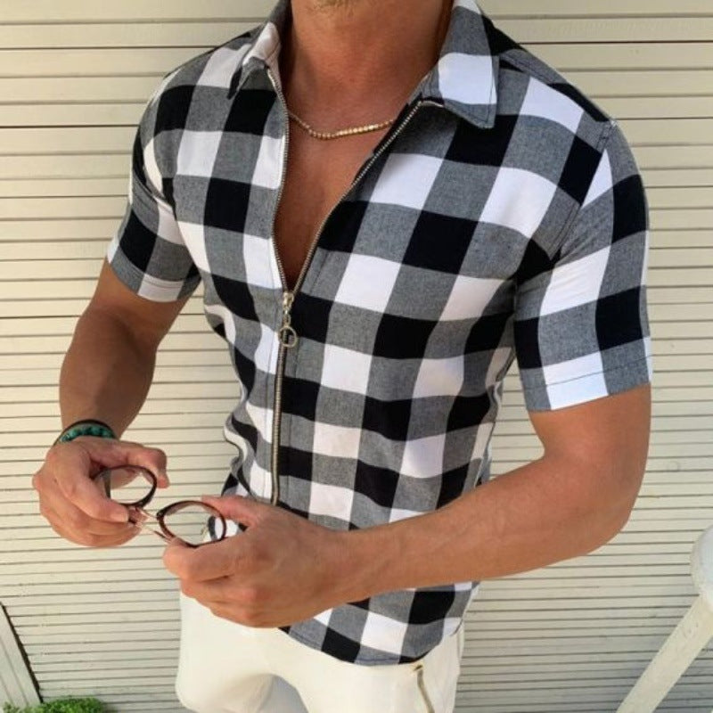 Galuxia Plaid T Shirt Mens Zipper Short Sleeve Shirts Summer Men Clothing