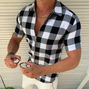 Galuxia Plaid T Shirt Mens Zipper Short Sleeve Shirts Summer Men Clothing